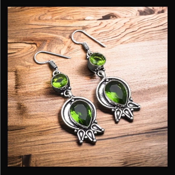 Peridot Handcrafted Drop Dangle Hook Style Earrings 2.32" Long Made In India NWT - Picture 11 of 16